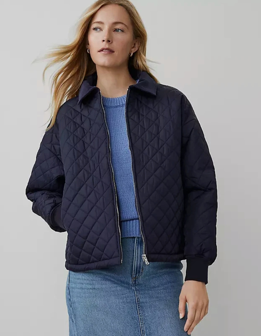 ANN TAYLOR WEEKEND QUILTED BOMBER JACKET NIGHT SKY BLUE LP LARGE PETITE NEW